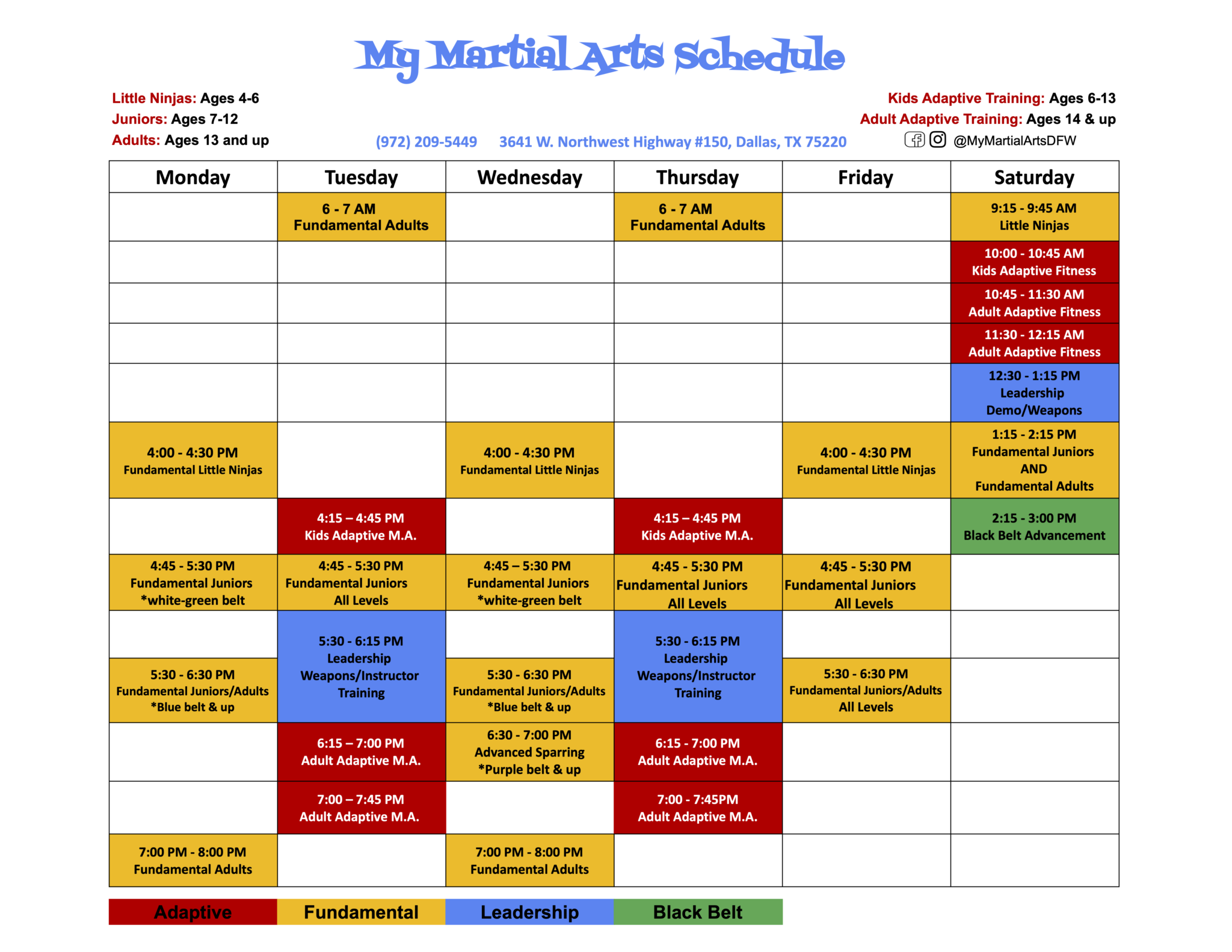 My Martial Arts 2026 class schedule, Monday through Saturday